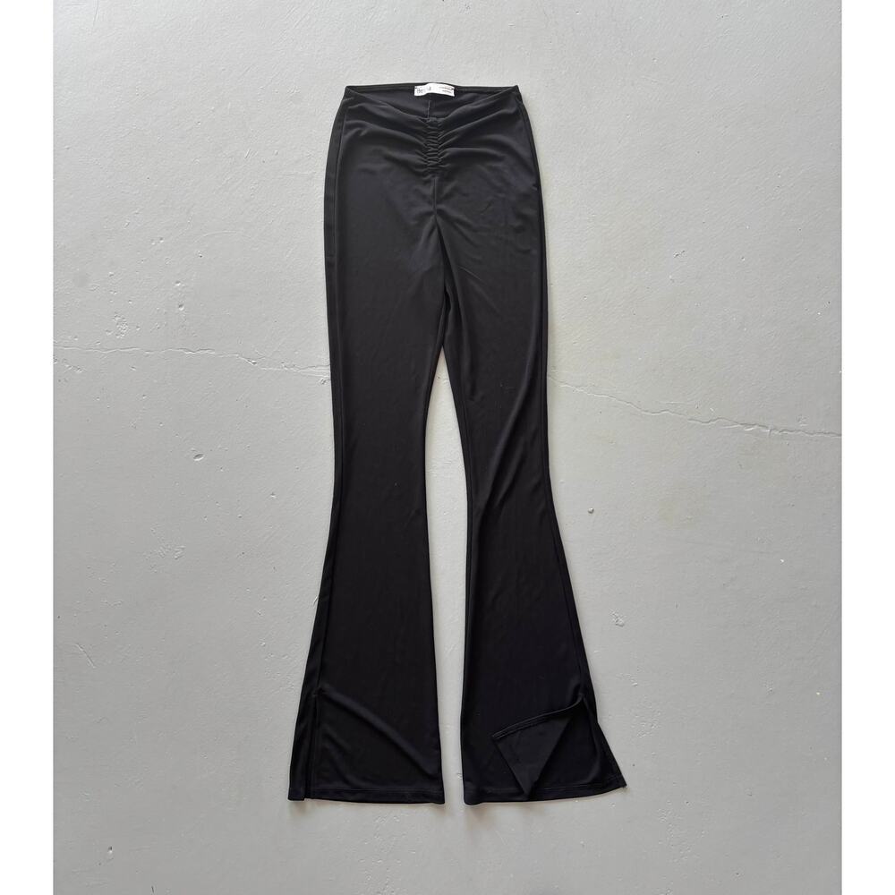 Bershka ruched-front flared pants — XS, black, stretch jersey